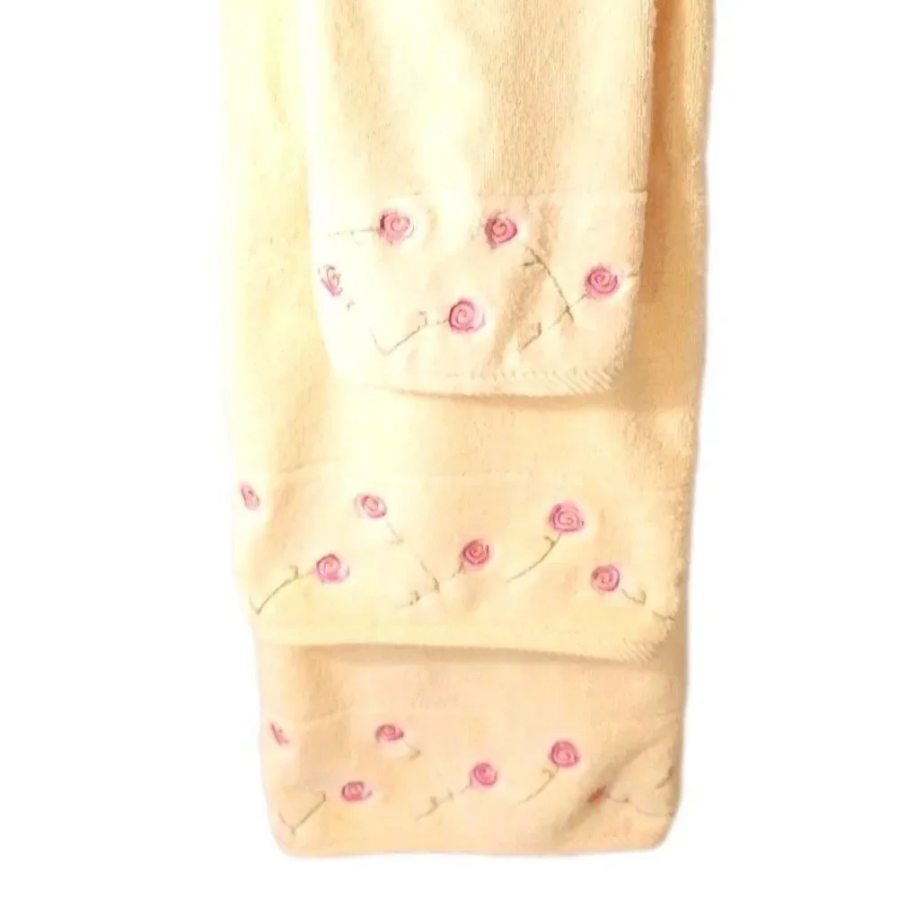 Vintage Turkish Cotton Towels Yellow Pink Embroidered Roses 2 Bath 1 Hand EUC